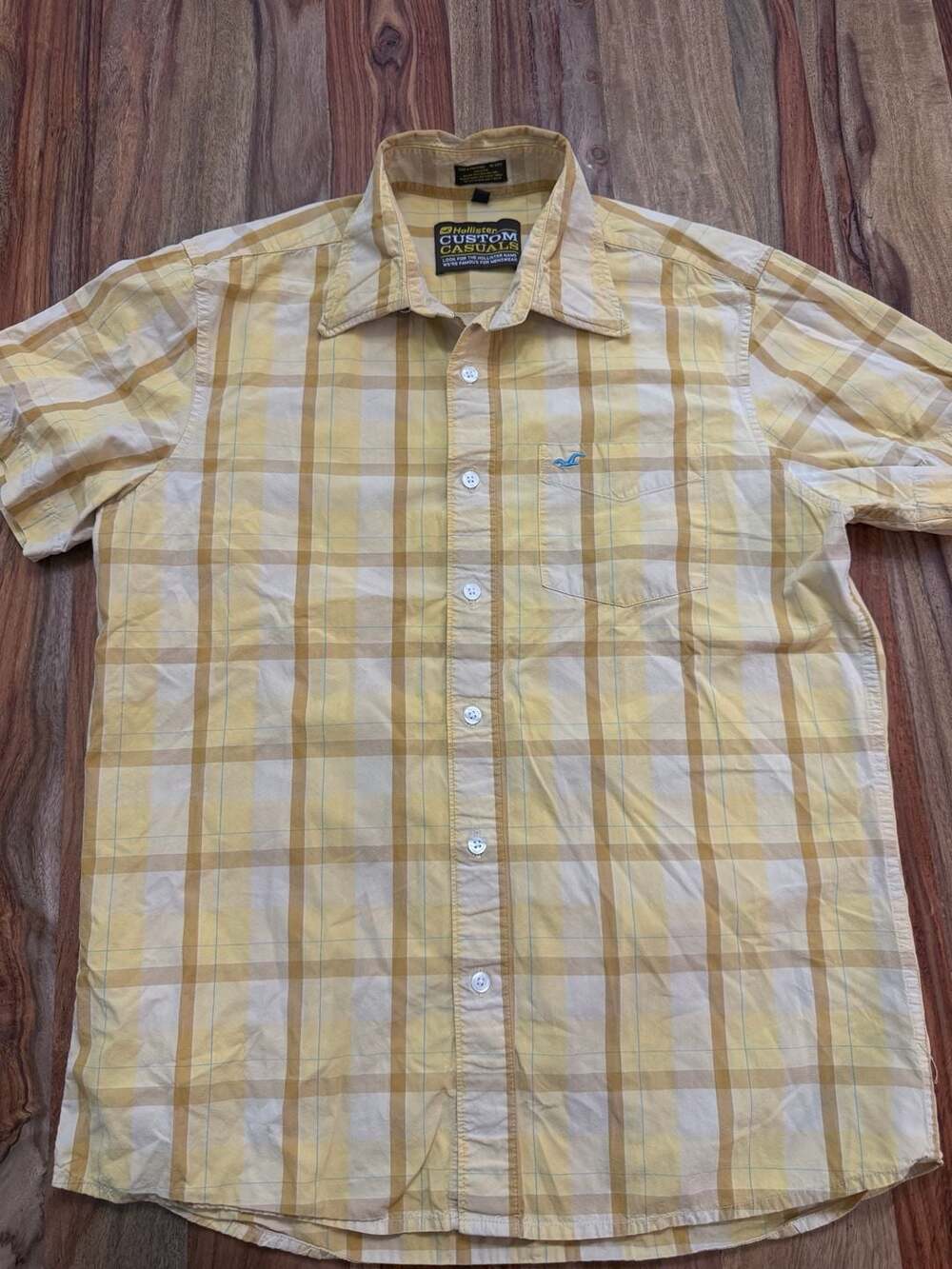 Y2K Hollister Men's Yellow Plaid Short Sleeve Button Up Shirt Size L